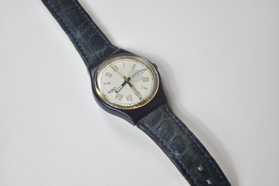 Swatch watch w leather band. Day & date display. Swatch Watch With Date - Etsy main image 2