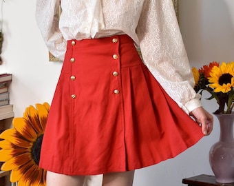 Vintage Red Wool Pleated Skirt, Small, Coquette Aesthetic, Gold Sailor Button Front Vintage Mini Skirt