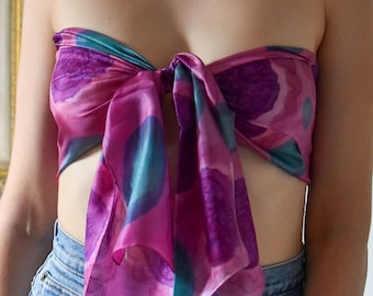 Vintage Silk Scarf, Hand Painted Silk Scarf Top, Purple, Teal Pink, Hand Rolled Edges, y2k Festival Top