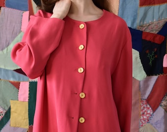 80s Hot Pink Jacket / Large / Gold Buttons / Vintage Flowy Unstructured Minimalist Blazer