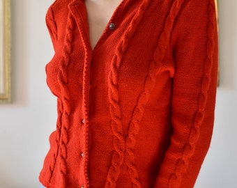 Vintage Austrian Cardigan, Dirndl Cardigan, Trachten Pure Wool Cardigan, Red Wool Cable Knit Cardigan Sweater