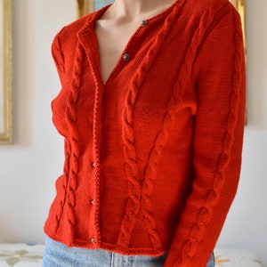 Vintage Austrian Cardigan, Dirndl Cardigan, Trachten Pure Wool Cardigan, Red Wool Cable Knit Cardigan Sweater