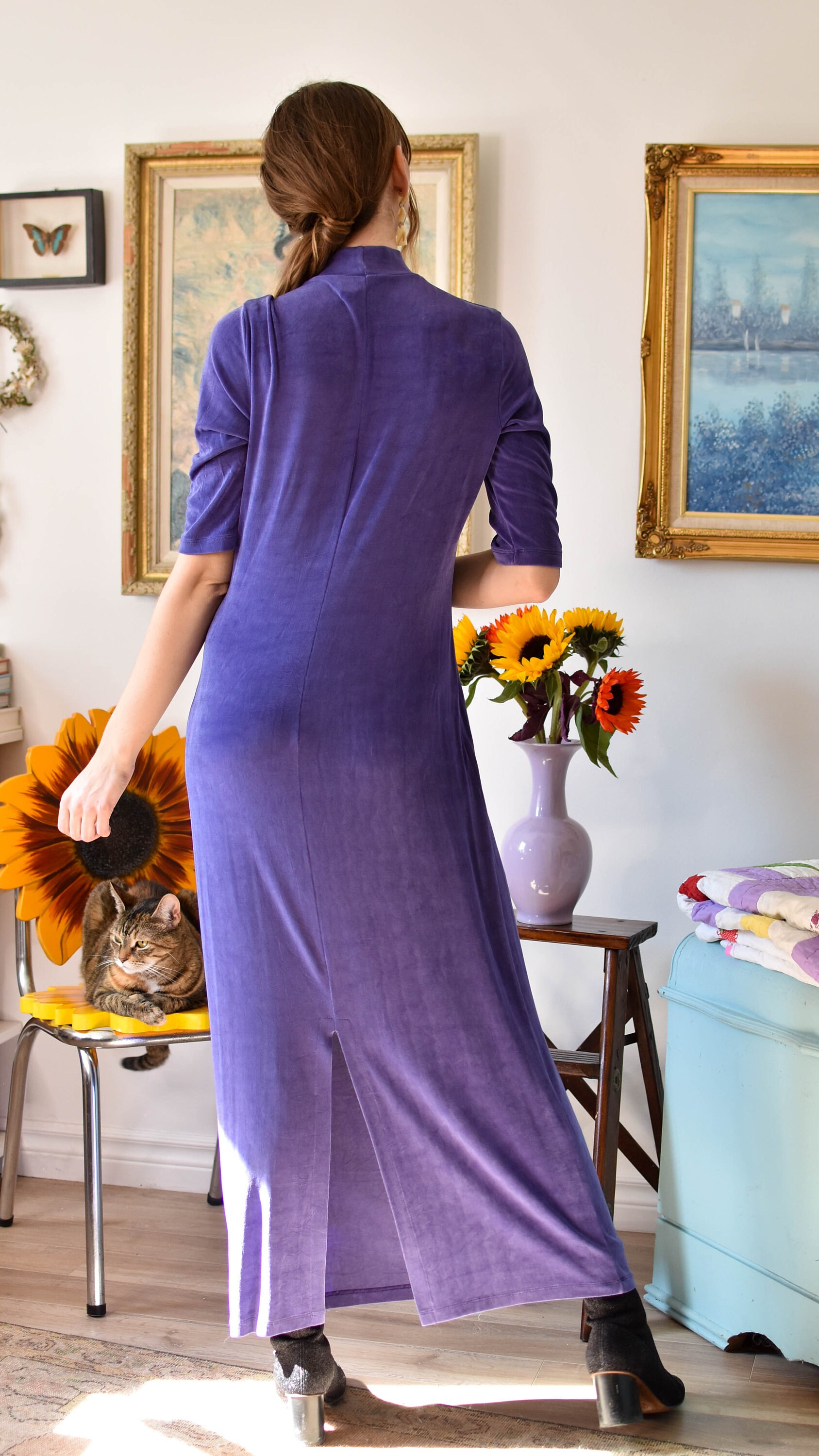 slinky purple dress boohoo Women's Double Layer Slinky Grown On Neck Drape Front Maxi Dress in Lilac | Size: 14