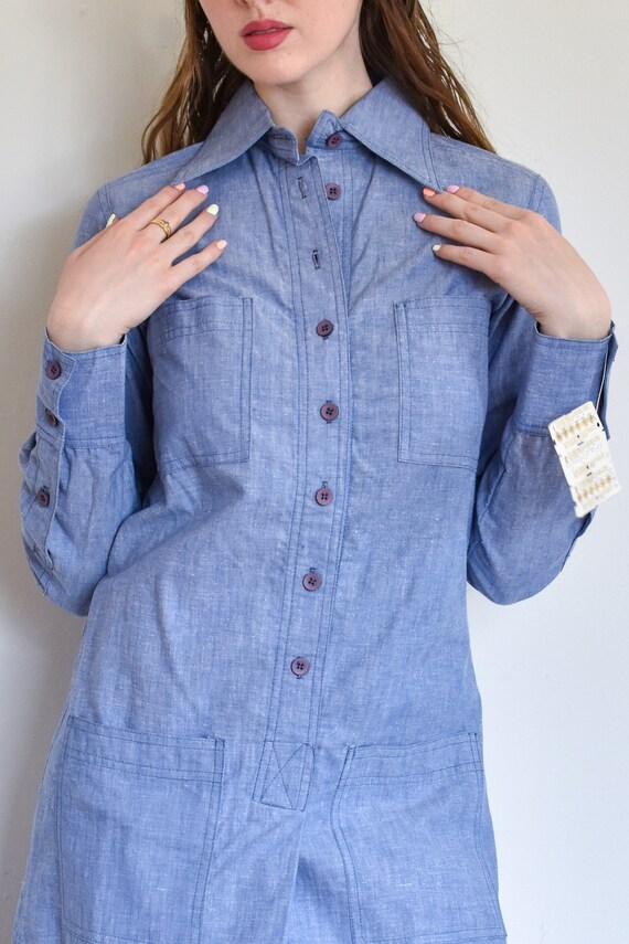 1970s Chambray Shirt Dress with Oversized Collar … - image 3