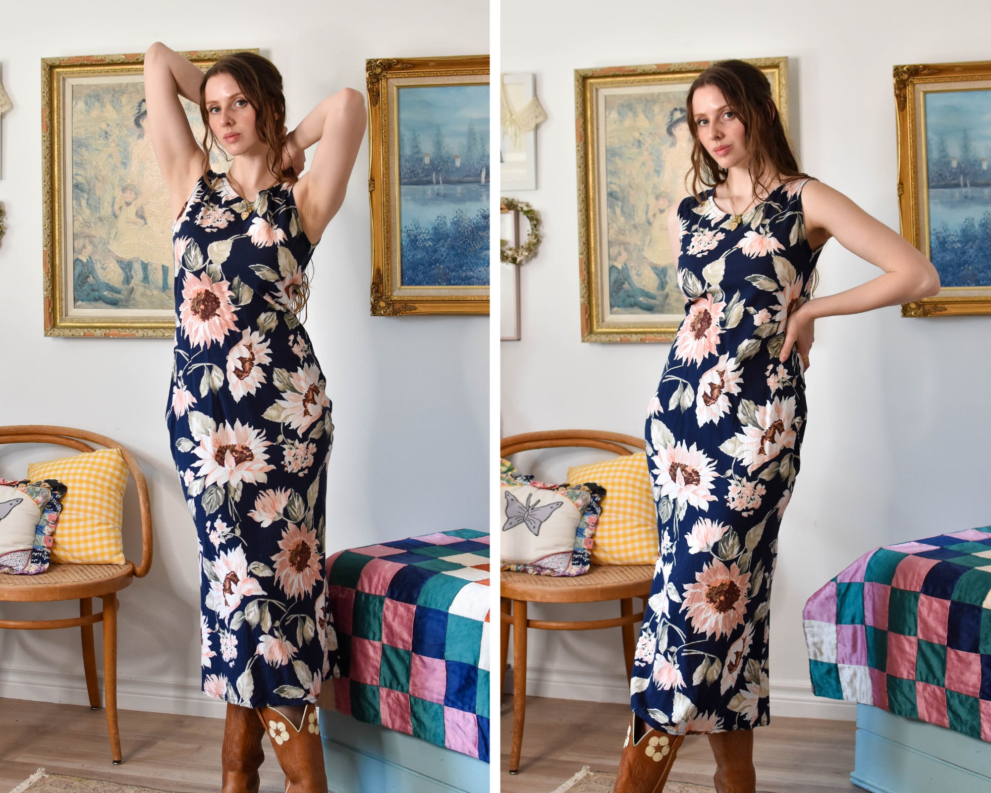 Navy blue dress 2025 with sunflowers