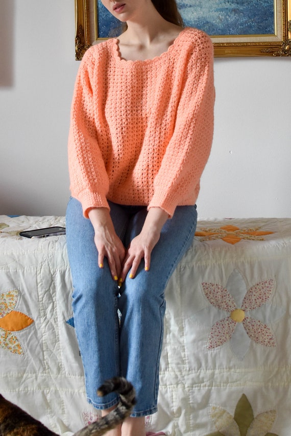 Vintage Peach Knit Sweater / Scalloped Neck / Med… - image 7