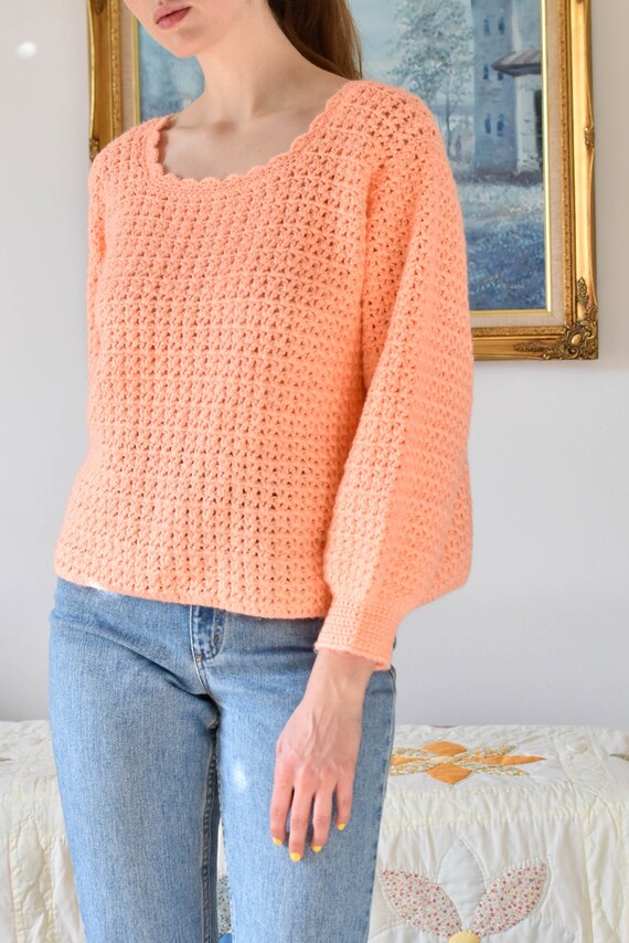 Vintage Peach Knit Sweater / Scalloped Neck / Med… - image 2