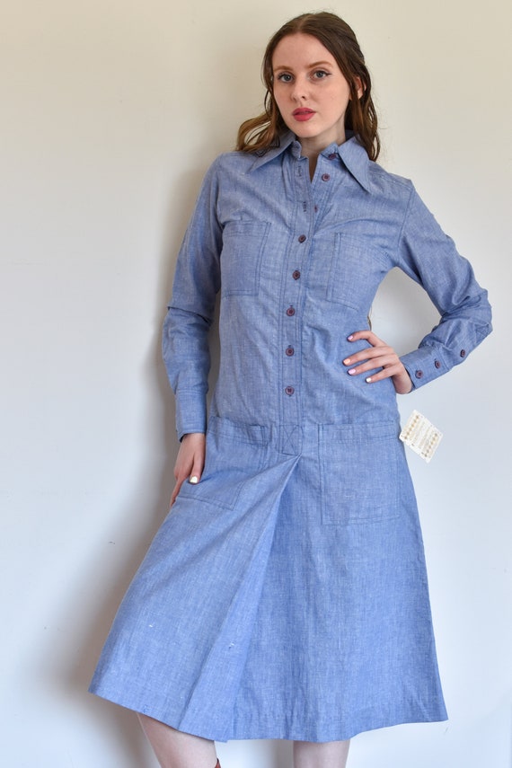 1970s Chambray Shirt Dress with Oversized Collar … - image 7