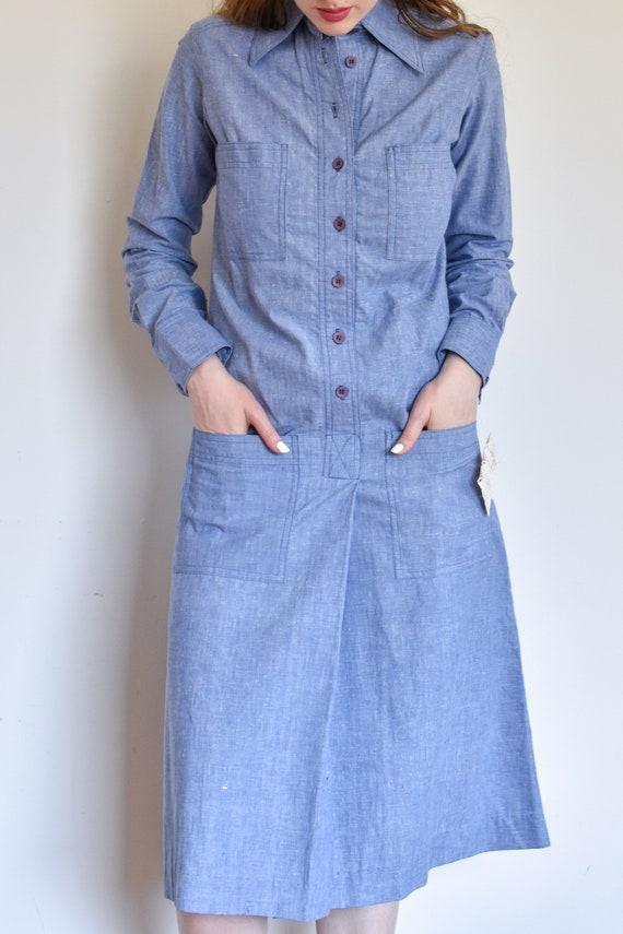 1970s Chambray Shirt Dress with Oversized Collar … - image 8