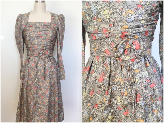 Vintage 40s style Silky Floral Puff Sleeve Dress