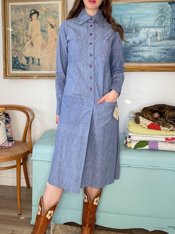 1970s Chambray Shirt Dress with Oversized Collar … - image 10