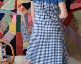 70s Blue Gingham Chambray Dress Small A-line Front Pleat Peter Pan Collar Short Sleeves Vintage 1970s Dress