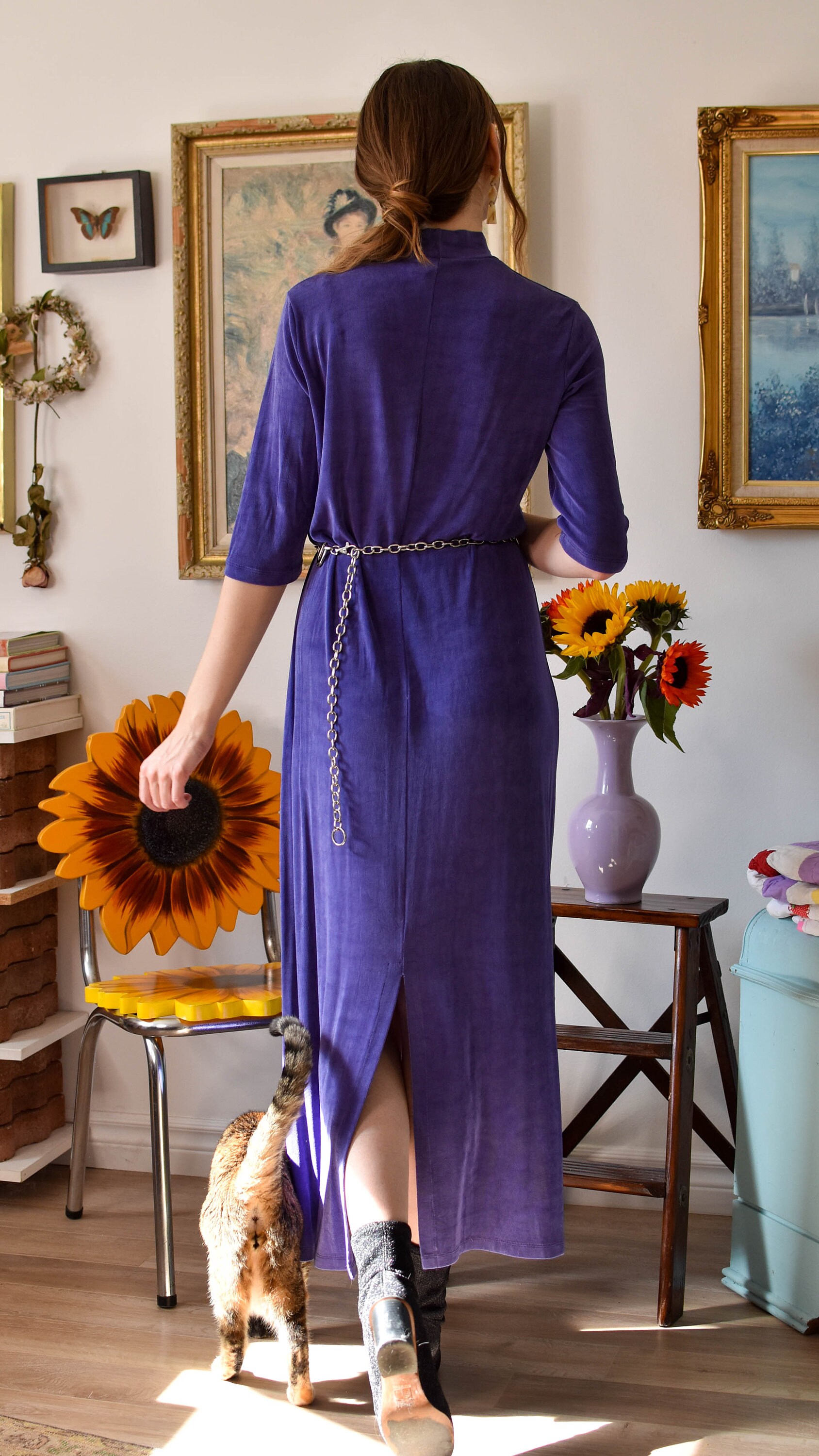 slinky purple dress 90s Purple Slinky Maxi Dress / Medium / Vintage Longsleeve Mockneck Maxi  Dress