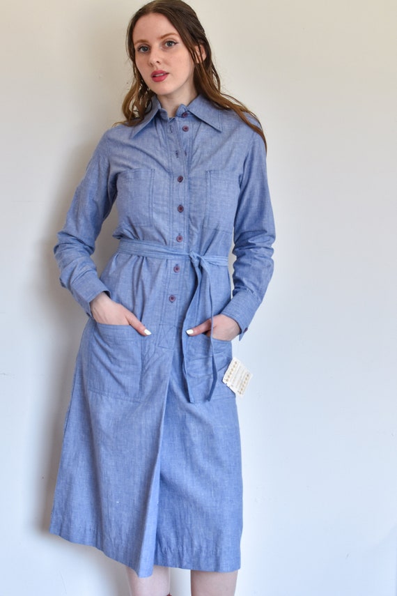 Vintage 1970s Chambray Shirt Dress with Oversized
