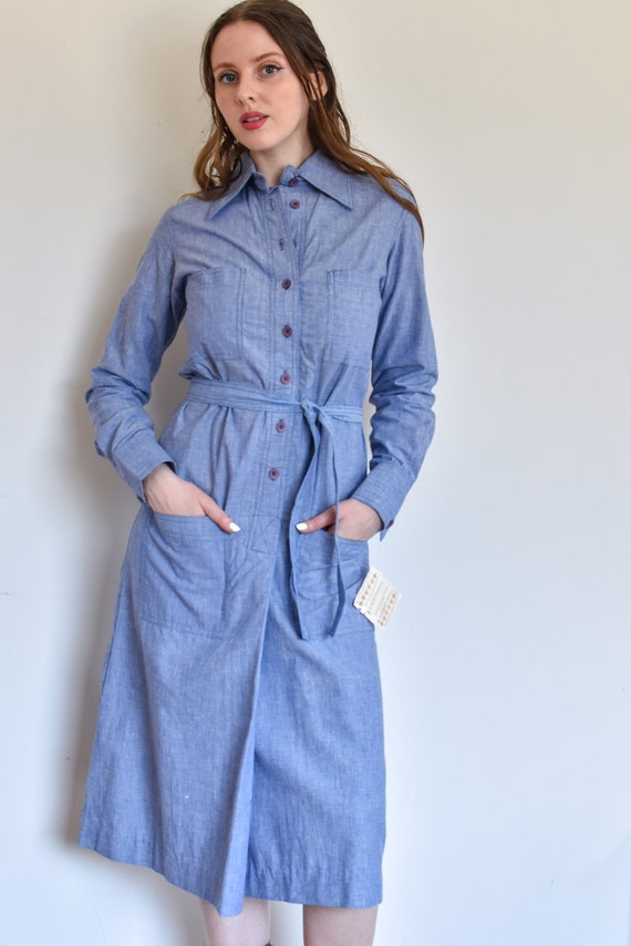 1970s Chambray Shirt Dress with Oversized Collar … - image 5