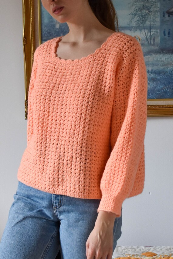 Vintage Peach Knit Sweater / Scalloped Neck / Med… - image 3