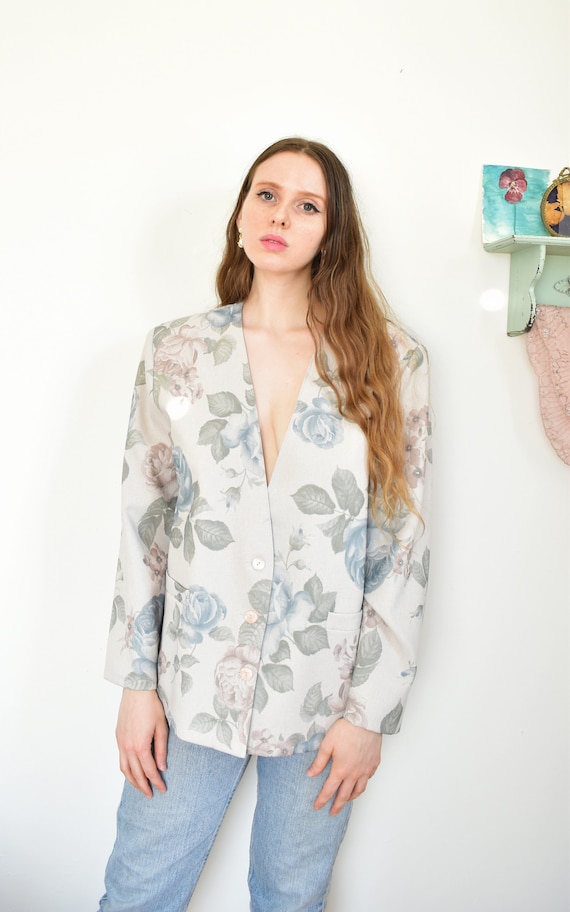 Vintage 1980s Blue and Green Floral Print Blazer/J