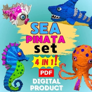 Könnte beinhalten: Ein Bild eines digitalen Produkts mit vier Meereskreaturen-Piñatas: ein rosa und weißer Fisch, ein blauer Hai, ein blaues und grünes Seepferdchen und ein orangefarbener Oktopus. Text lautet "SEA PIÑATA SET 4 IN 1! PDF DIGITAL PRODUCT."