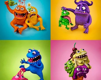 Set Monster illustration JPG 4+1, Sublimation, Files Instant Download, print, illustration for poster of notepad, postcards, plasticine,