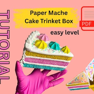 May include: A paper mache cake trinket box tutorial. The cake slice is multi-layered with white frosting, colorful sprinkles, and pastel-colored meringue decorations. The text reads "Paper Mache Cake Trinket Box" and "easy level".