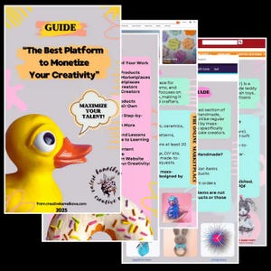 Puede incluir: Una guía titulada "La mejor plataforma para monetizar tu creatividad" con un patito de goma amarillo y un bocadillo que dice "¡Maximiza tu talento!". La imagen también incluye capturas de pantalla de sitios web y un donut.