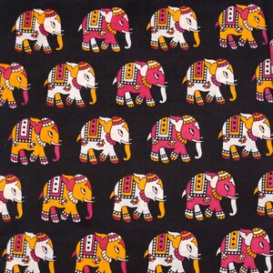 Free Shipping Black-Pink and Yellow Elephant Design Kalamkari Cotton Fabric-5553