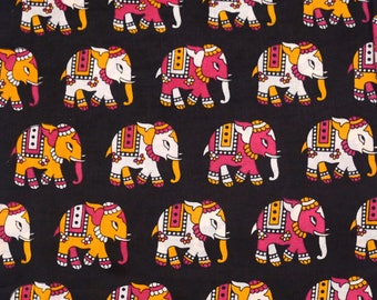 Free Shipping Black-Pink and Yellow Elephant Design Kalamkari Cotton Fabric-5553
