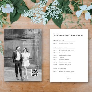 Modelo de nota de boas-vindas e cronograma de casamento, itinerário de fim de semana de casamento para impressão, modelo de nota de saco de boas-vindas de casamento, minimalista, chique