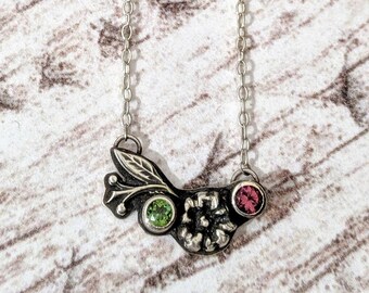 Tiny pink and green tourmaline floral necklace - delicate silver tourmaline necklace