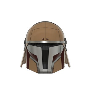 May include: A brown and grey helmet with a visor and a red stripe. The helmet has a textured surface and a design that resembles a samurai helmet.