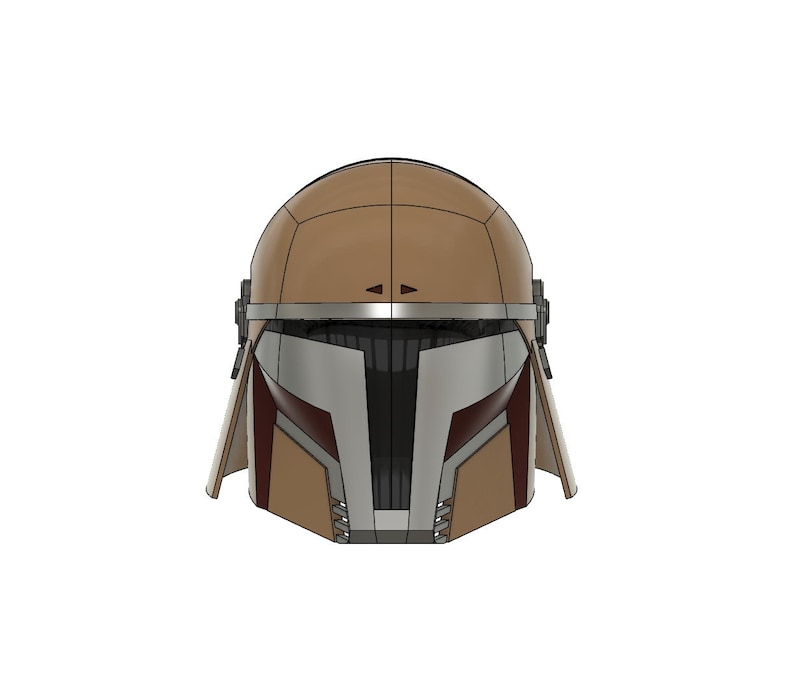 May include: A brown and grey helmet with a visor and a red stripe. The helmet has a textured surface and a design that resembles a samurai helmet.