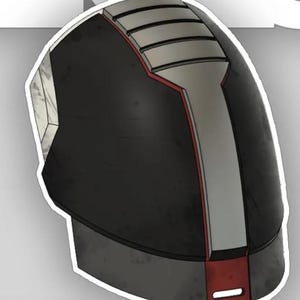 May include: A black and grey helmet with a smooth, rounded top and a central vertical ridge. The design features a thin red accent line bordering the grey section, a small rectangular cutout at the base, and a white side panel with a textured finish.