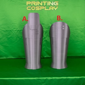 May include: Two 3D printed grey plastic leg armour pieces, labelled A and B, for cosplay. The armour pieces are designed with a textured surface and raised details.