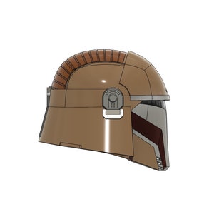 May include: Side view of a brown and grey helmet with a red visor. The helmet has a textured design and a raised ridge on the top.