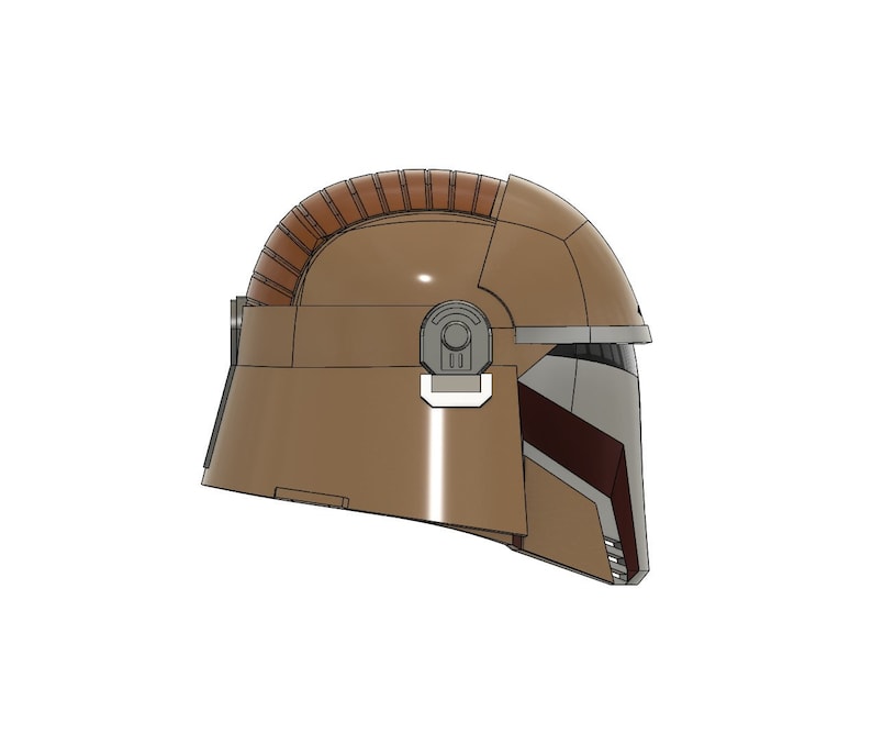 May include: Side view of a brown and grey helmet with a red visor. The helmet has a textured design and a raised ridge on the top.