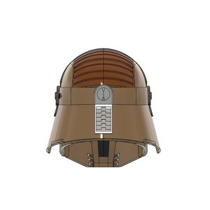 May include: A brown helmet with a textured surface and a series of vertical ridges on the top. The helmet has a small, round, grey panel on the back with a series of rectangular cutouts.