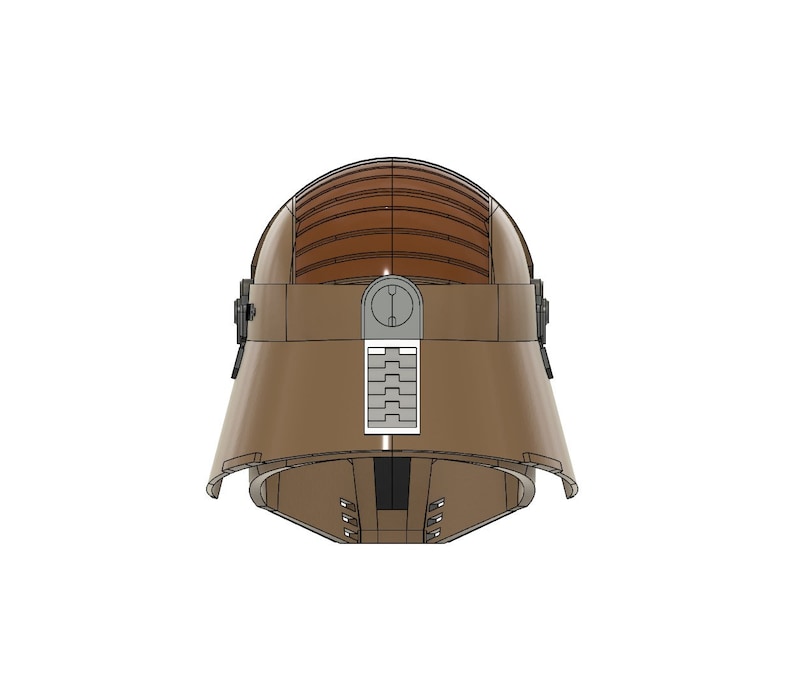 May include: A brown helmet with a textured surface and a series of vertical ridges on the top. The helmet has a small, round, grey panel on the back with a series of rectangular cutouts.
