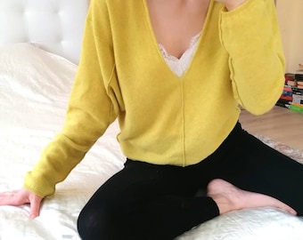 Suéter de punto de cachemira 100 % pura de Free People, suéter fino, ligero, acogedor, cálido, verde lima, amarillo, talla XS, S, M, diseño de escote en V profundo de gran tamaño