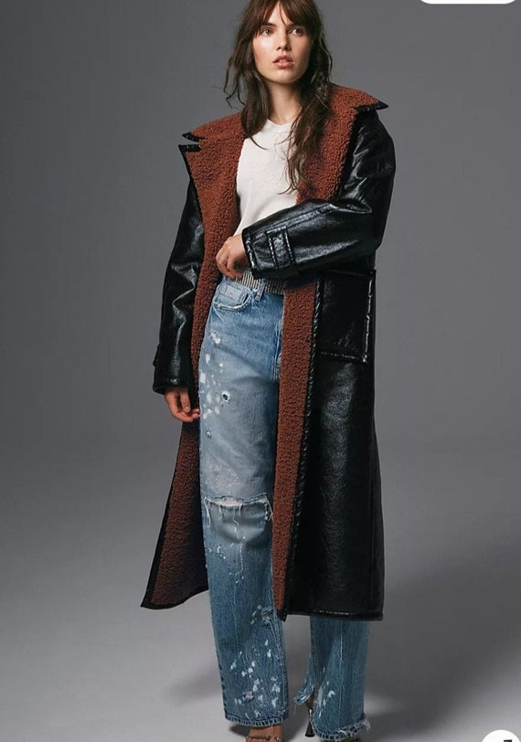Free People PU Vegan leather teddy coat jacket bl… - image 1