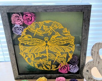 Dragonfly Shadowbox with Flowers || Paper Flower Art Frame, Custom Decal Frame, Springtime Shadowbox, Zen Shadowbox, Butterfly and Flowers