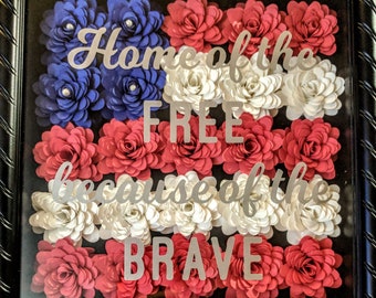 American Flag Shadowbox || Paper Flower Americana Art, Veteran Gift, US Flag Art, Paper Flower Flag, Home of the Free Because of the Brave