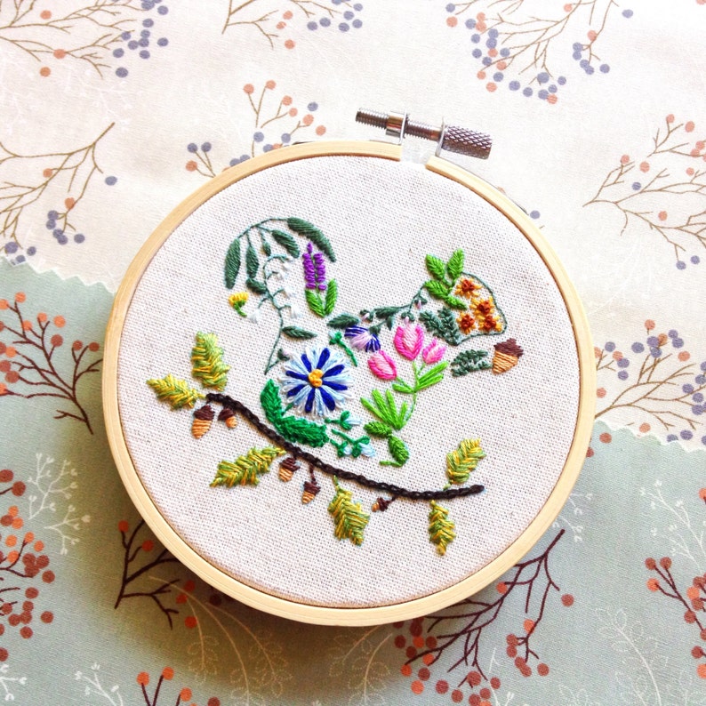 Autumn florals  squirrel hand embroidery pattern diy holiday  etsy Autumn florals  squirrel hand embroidery pattern diy holiday  etsy