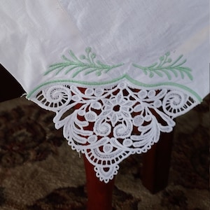 Green and White Lace Embellished Linen Table Cloth, Cotton Table Cover, Dinning Table Cover, Thanksgiving Table, Green and White Table Cloth