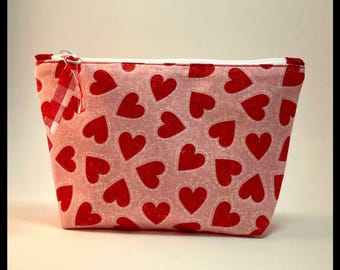 Red Hearts Zipper Pouch: Handmade Lined Cosmetic Bag
