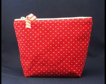 Handmade Red Hearts Zipper Pouch: Lined Cosmetic Bag