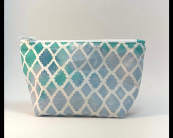 Teal Geometric Zipper Pouch: Handmade Lined Cosmetic Bag