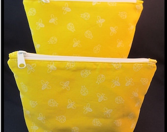 Handmade Yellow Ladybug & Bee Zipper Pouch: Lined Cosmetic Bag