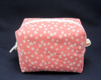 Handmade Flowered Coral Mini Makeup Bag: Lined Zip Pouch