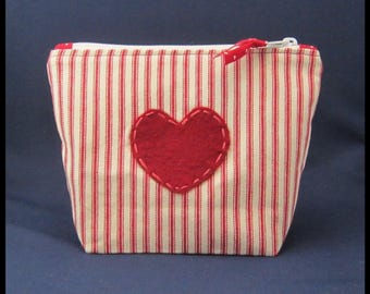 Handmade Red Ticking Zipper Pouch: Heart Applique Lined Bag