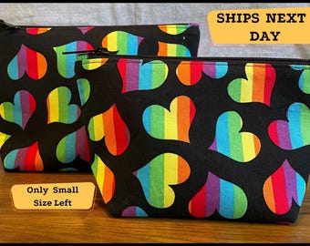 Rainbow Hearts Zipper Pouch: Handmade Cosmetic Bag